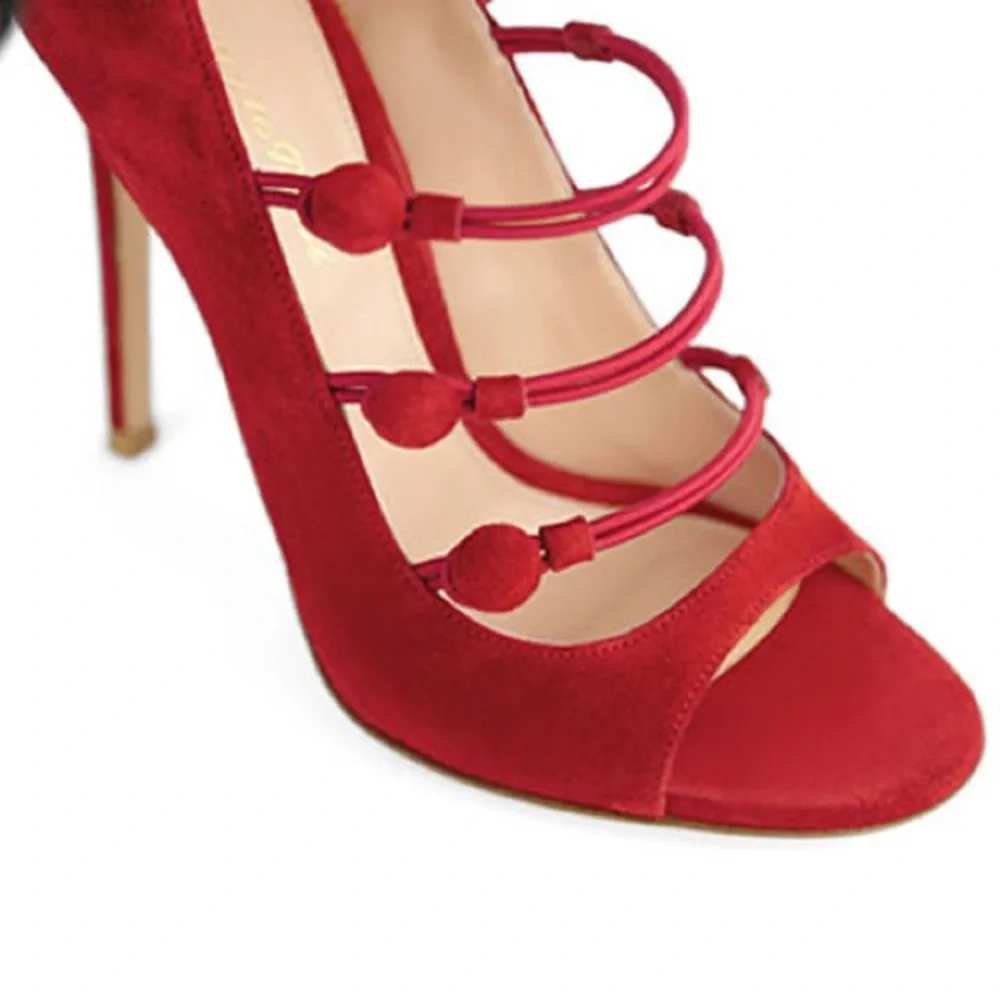 Gianvito Rossi Granata Suede Marquis Strappy Button Up Open Toe Heels (Size 38) - Picture 8 of 9